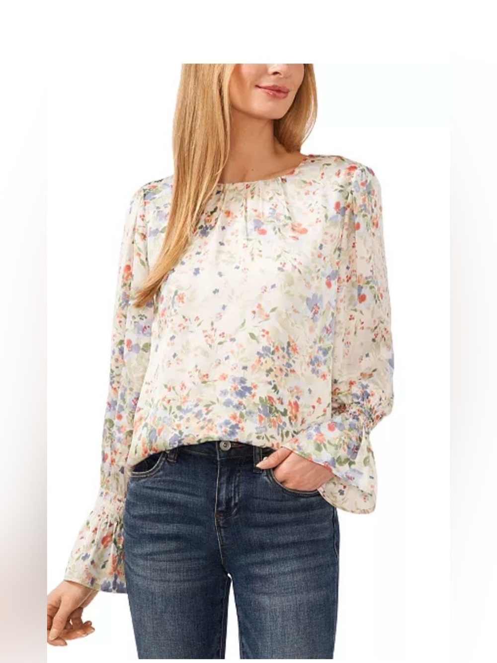 CeCe Cream Floral Tie-Neck Long Sleeve Blouse